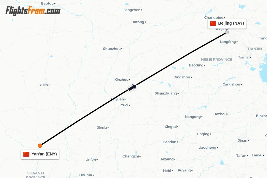 Flights from Yan'an to Beijing route map