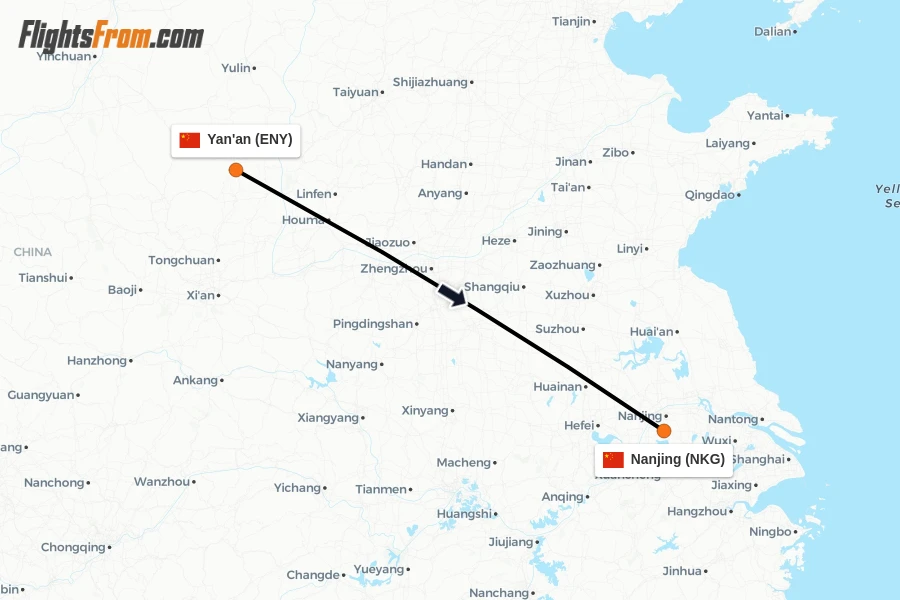 Flights from Yan'an to Nanjing route map