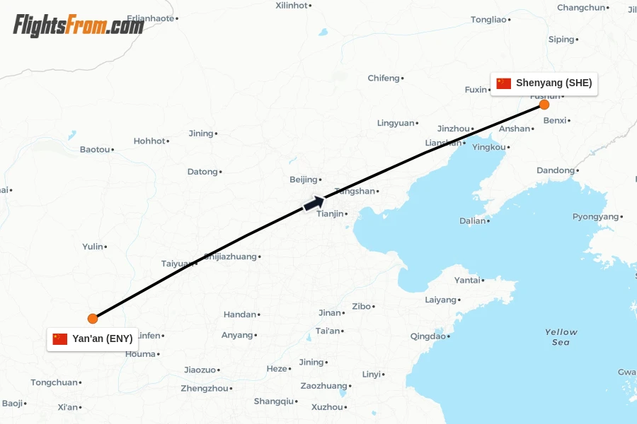 Flights from Yan'an to Shenyang route map