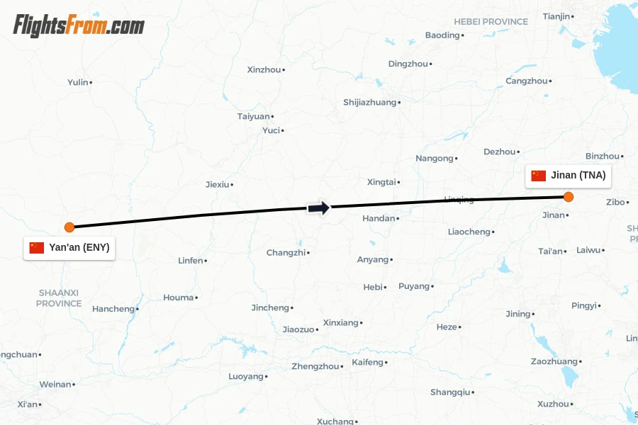 Flights from Yan'an to Jinan route map
