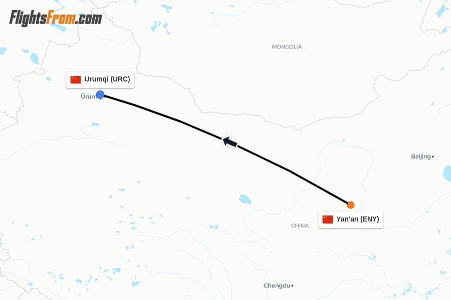 Flights from Yan'an to Urumqi route map
