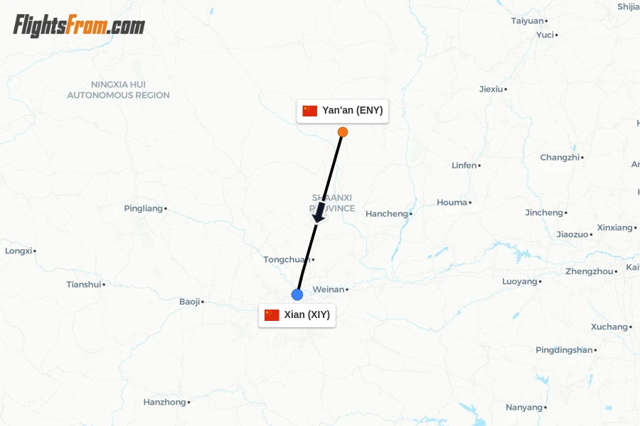 Flights from Yan'an to Xian route map