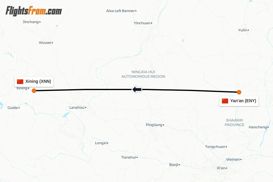 Flights from Yan'an to Xining route map