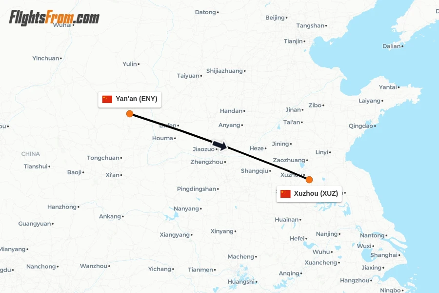 Flights from Yan'an to Xuzhou route map