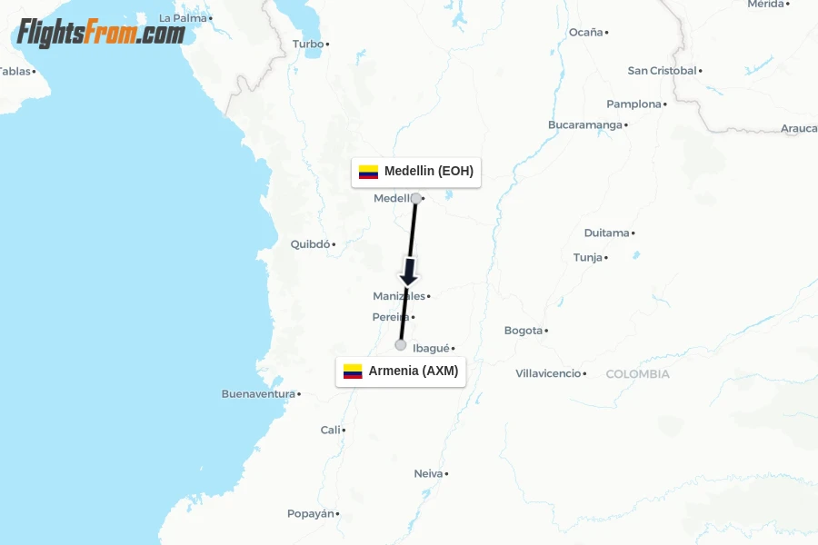 Flights from Medellin to Armenia route map