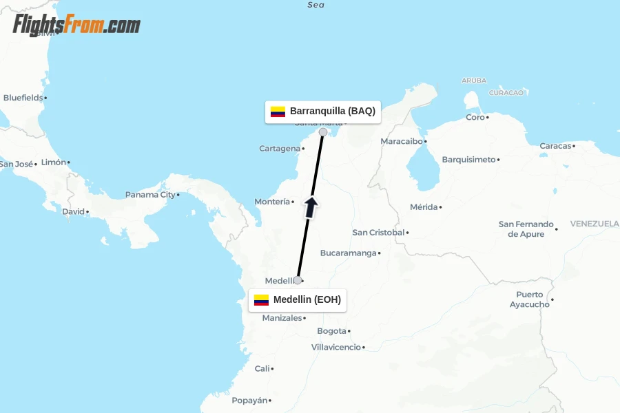 Flights from Medellin to Barranquilla route map