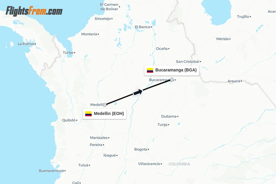 Flights from Medellin to Bucaramanga route map