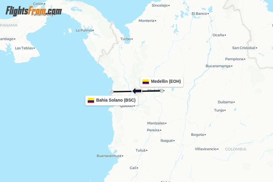 Flights from Medellin to Bahia Solano route map