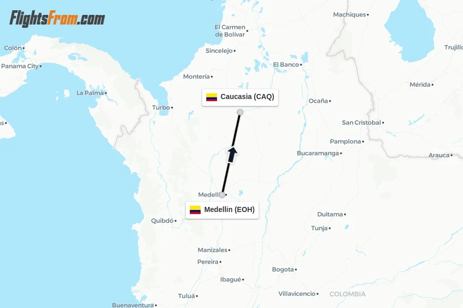 Flights from Medellin to Caucasia route map