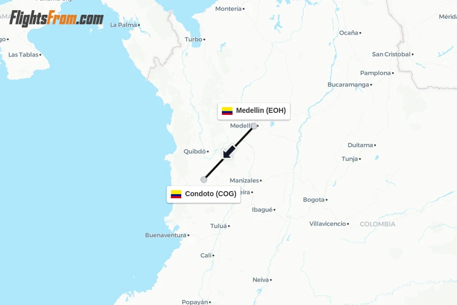 Flights from Medellin to Condoto route map