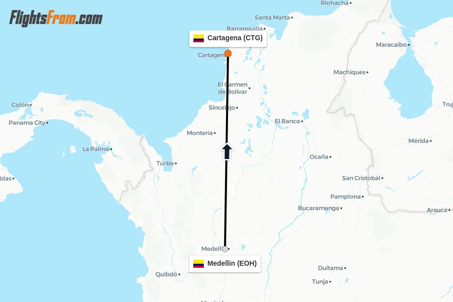 Flights from Medellin to Cartagena route map