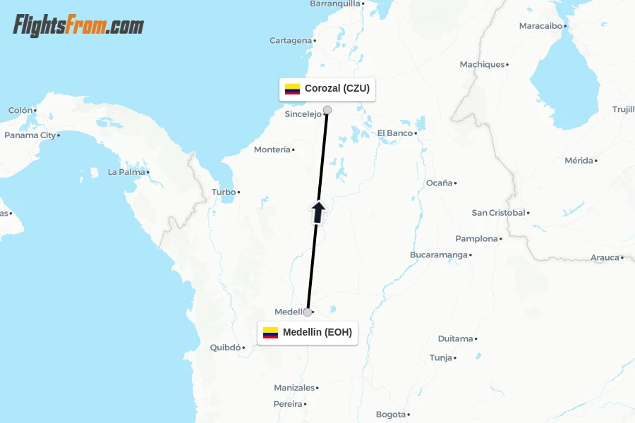 Flights from Medellin to Corozal route map