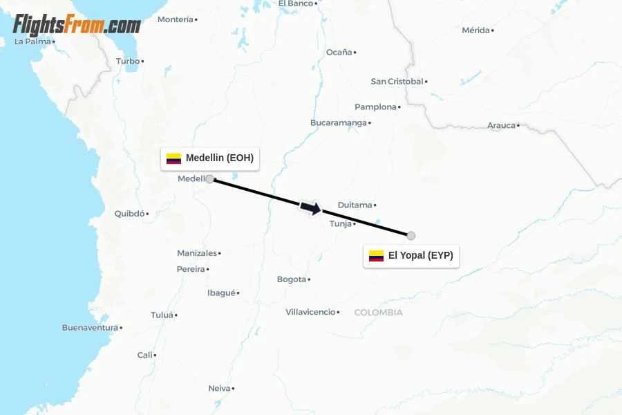 Flights from Medellin to El Yopal route map
