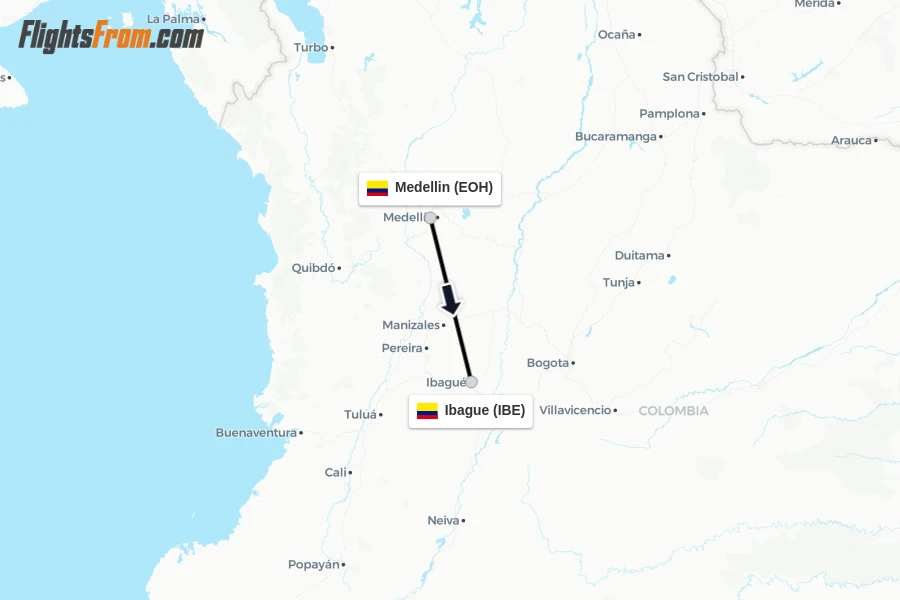 Flights from Medellin to Ibague route map