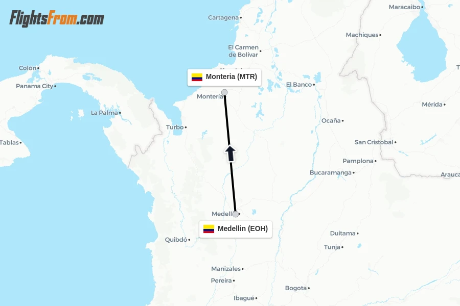 Flights from Medellin to Monteria route map