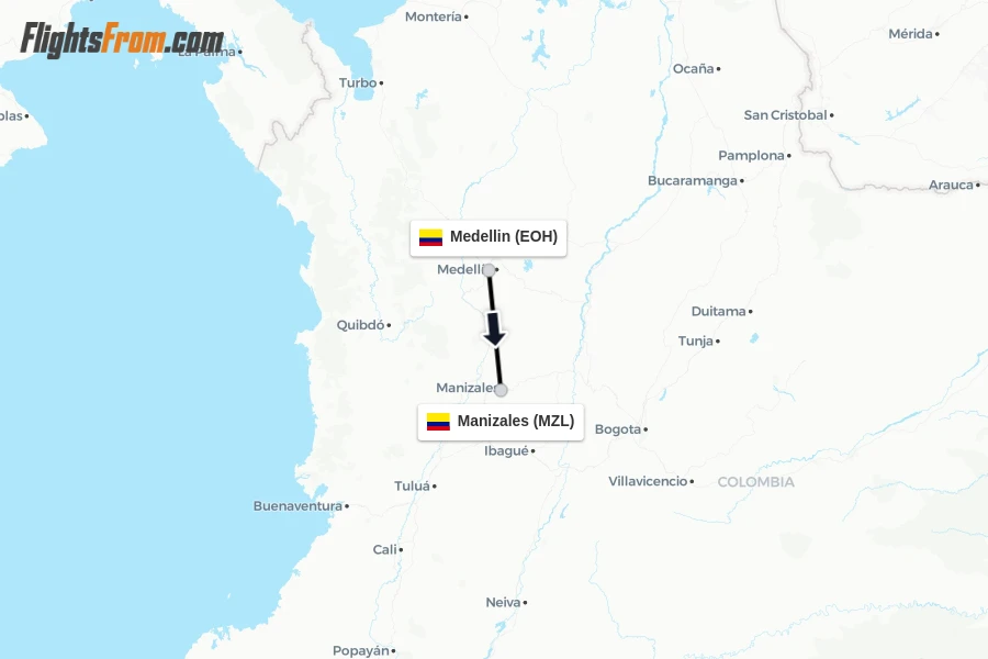 Flights from Medellin to Manizales route map