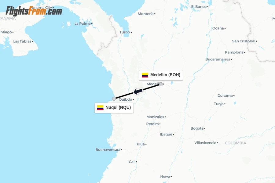 Flights from Medellin to Nuqui route map