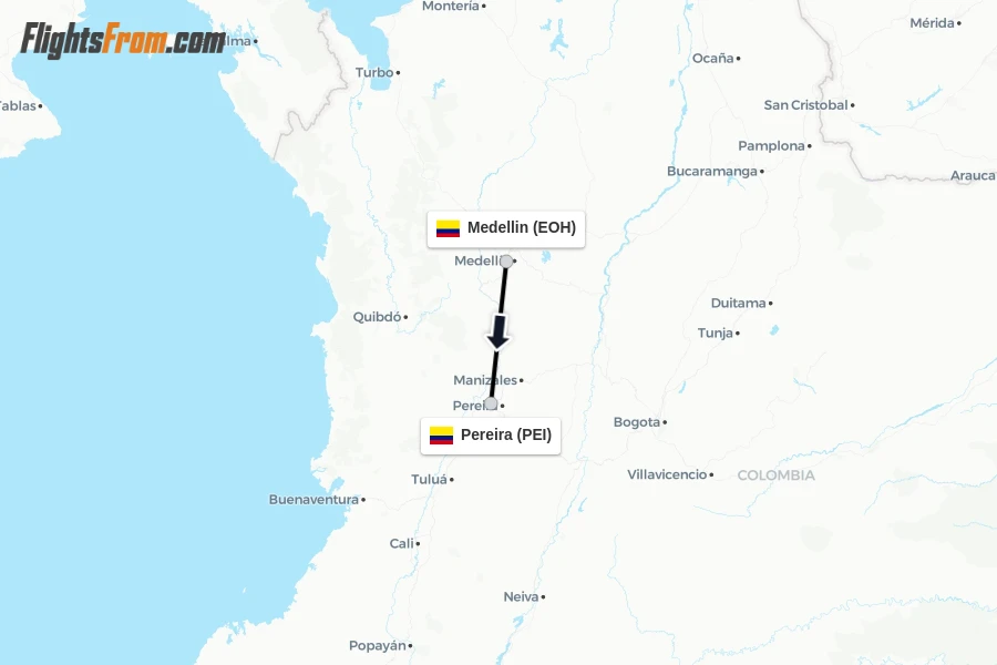 Flights from Medellin to Pereira route map
