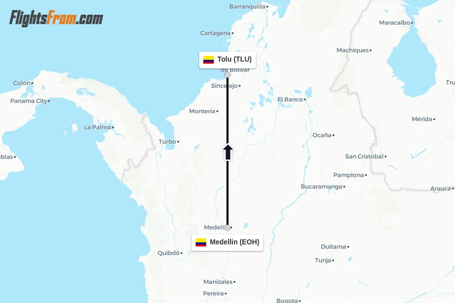Flights from Medellin to Tolu route map