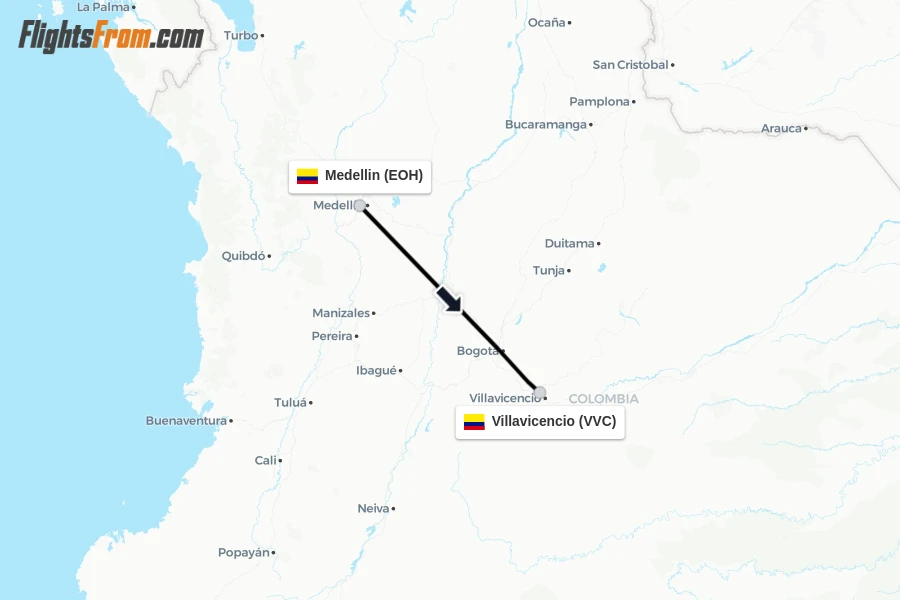 Flights from Medellin to Villavicencio route map