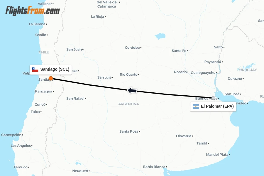 Flights from El Palomar to Santiago route map