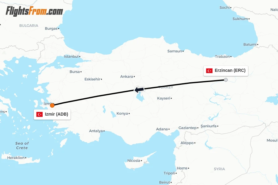 Flights from Erzincan to Izmir route map