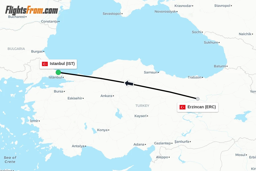 Flights from Erzincan to Istanbul route map