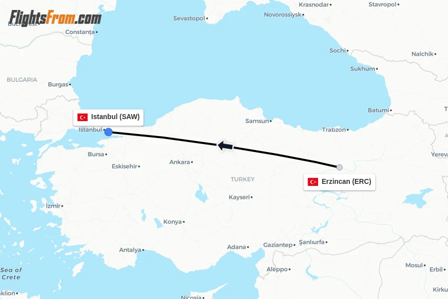 Flights from Erzincan to Istanbul route map