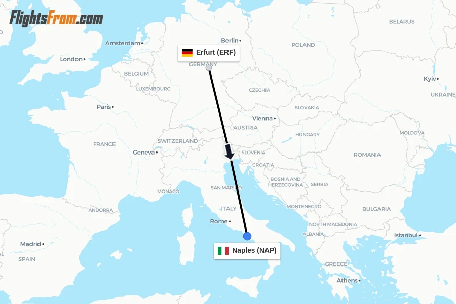 Flights from Erfurt to Naples route map