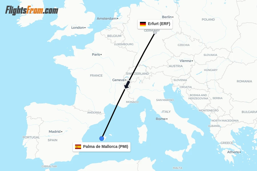 Flights from Erfurt to Palma de Mallorca route map