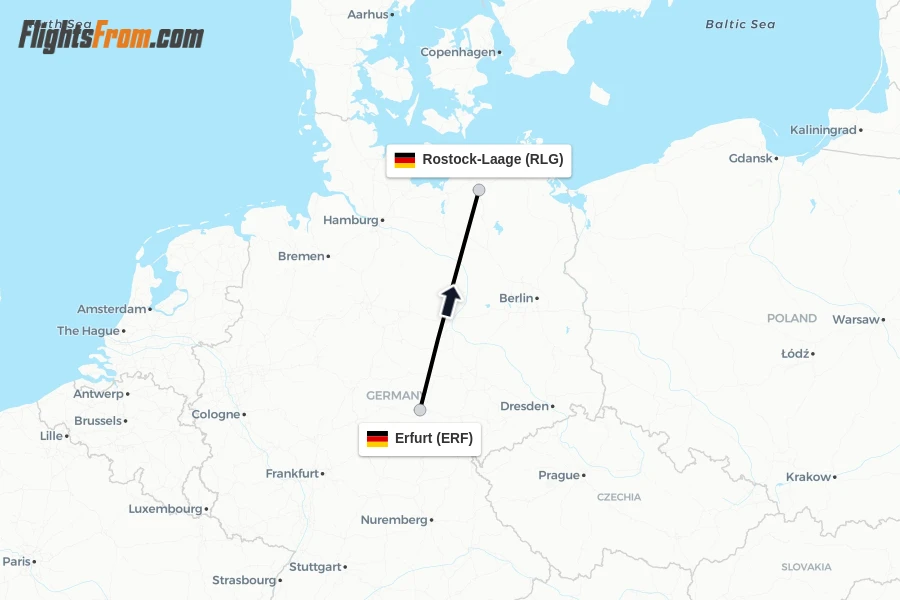 Flights from Erfurt to Rostock-Laage route map