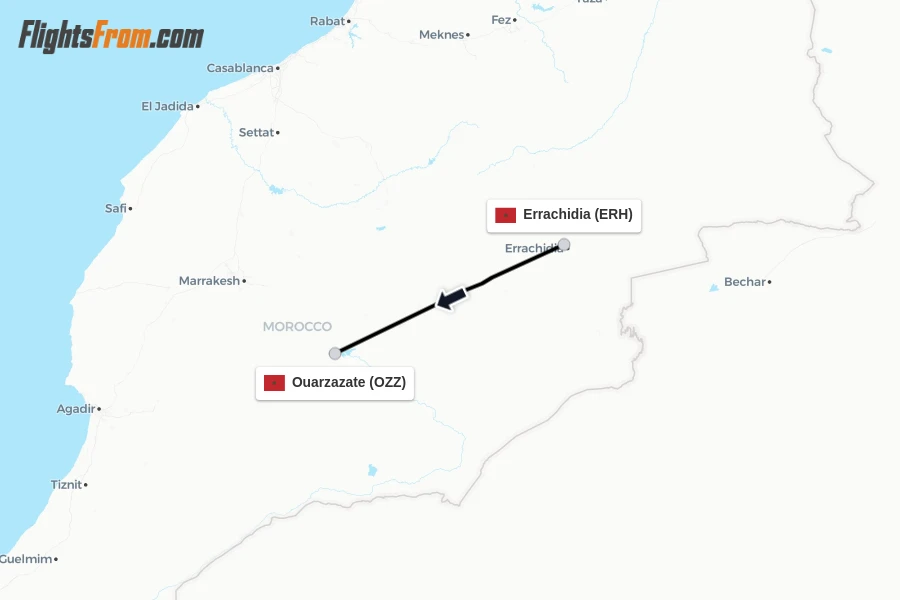 Flights from Errachidia to Ouarzazate route map