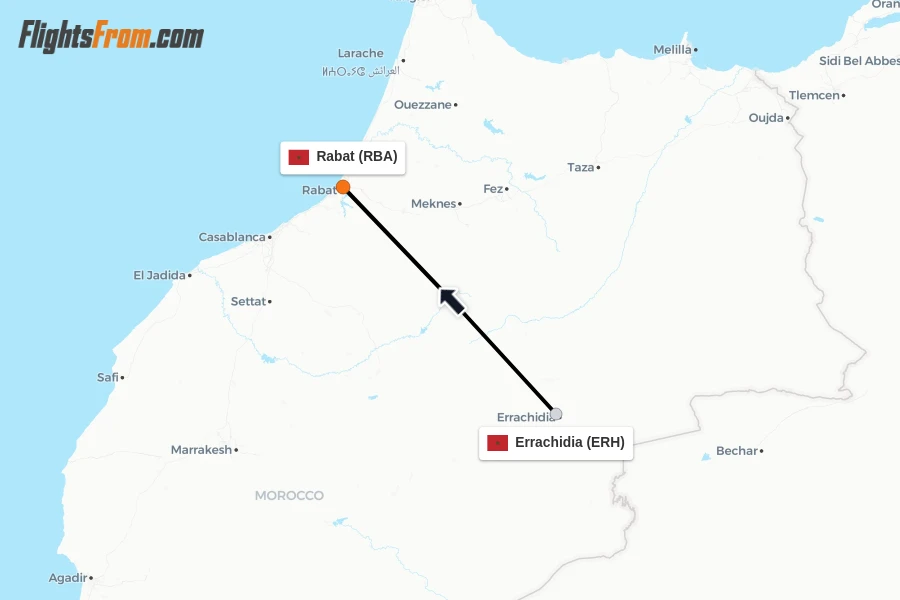 Flights from Errachidia to Rabat route map