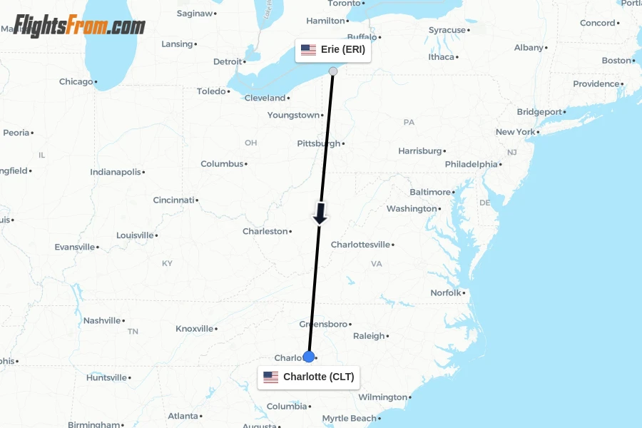 Flights from Erie to Charlotte route map