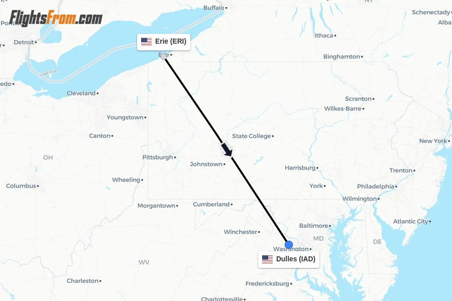 Flights from Erie to Dulles route map