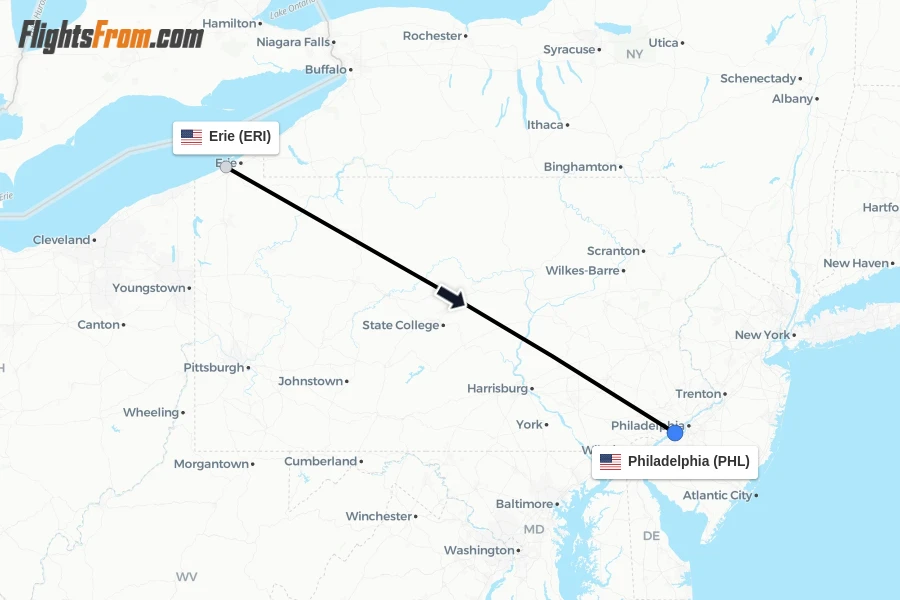 Flights from Erie to Philadelphia route map