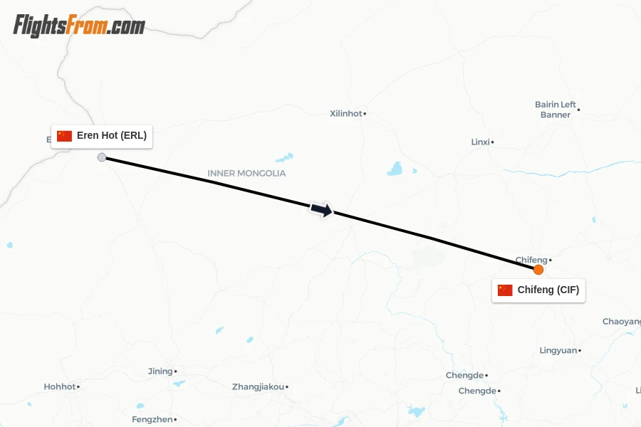 Flights from Eren Hot to Chifeng route map