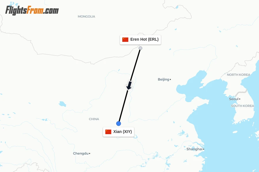 Flights from Eren Hot to Xian route map
