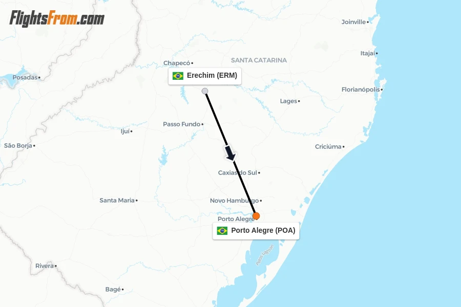 Flights from Erechim to Porto Alegre route map