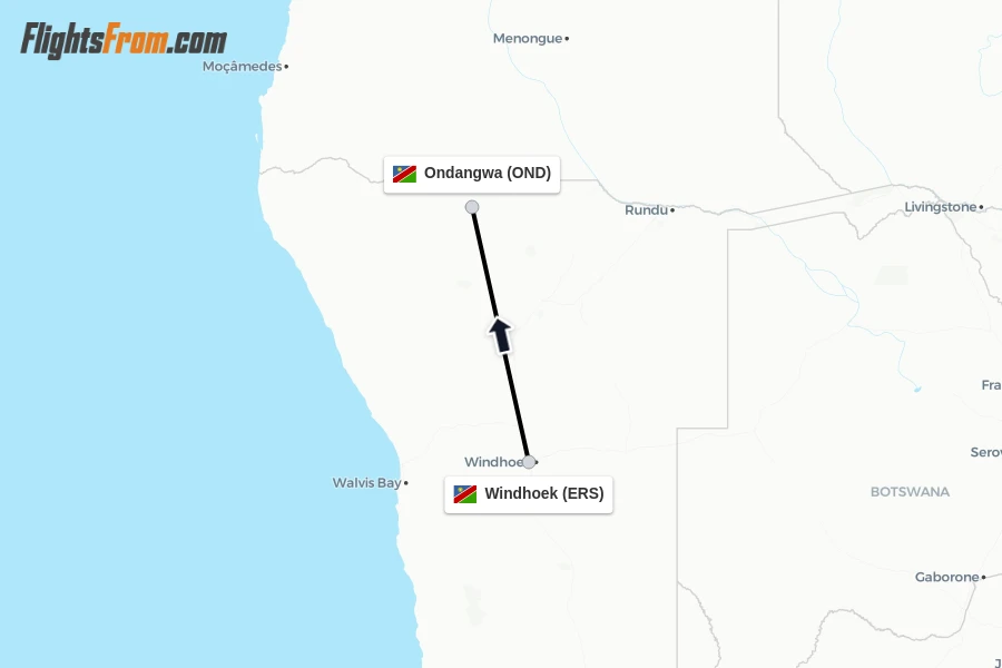 Flights from Windhoek to Ondangwa route map