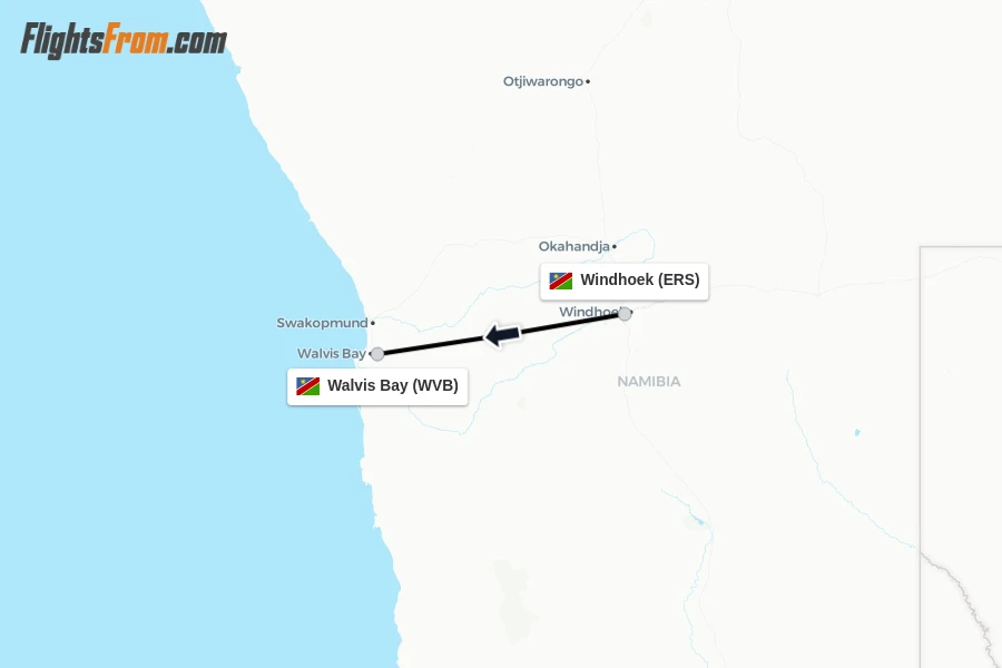 Flights from Windhoek to Walvis Bay route map