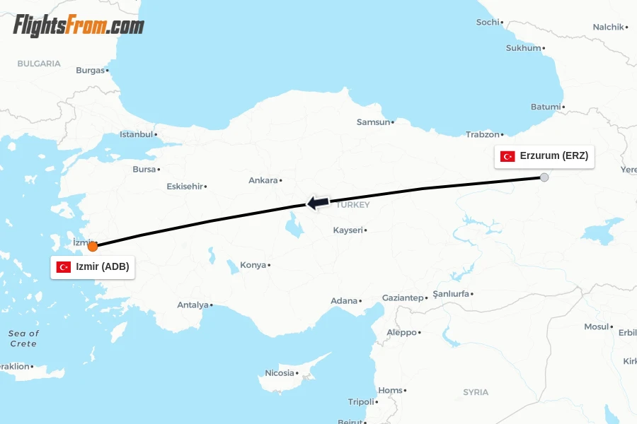 Flights from Erzurum to Izmir route map