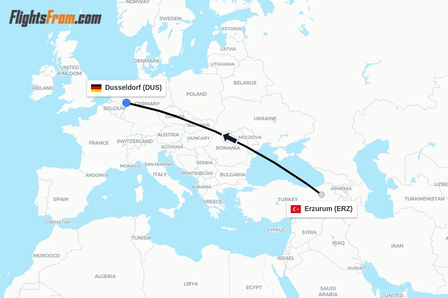 Flights from Erzurum to Dusseldorf route map