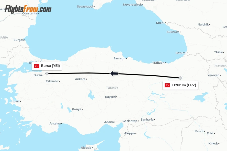 Flights from Erzurum to Bursa route map