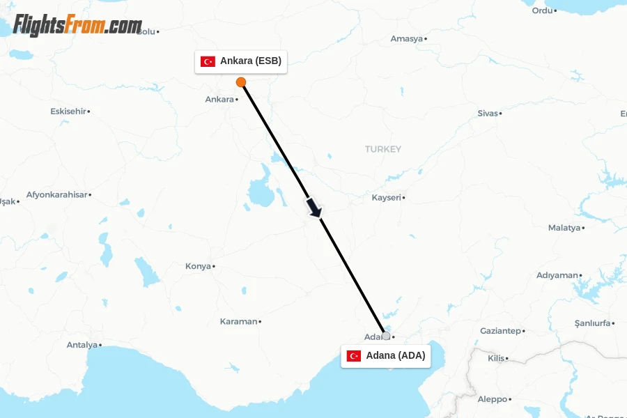 Flights from Ankara to Adana route map