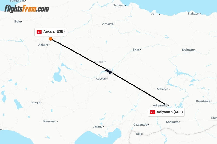 Flights from Ankara to Adiyaman route map
