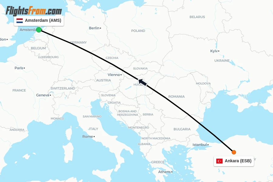 Flights from Ankara to Amsterdam route map