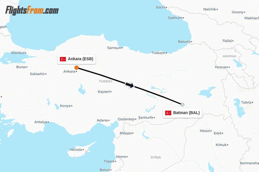 Flights from Ankara to Batman route map