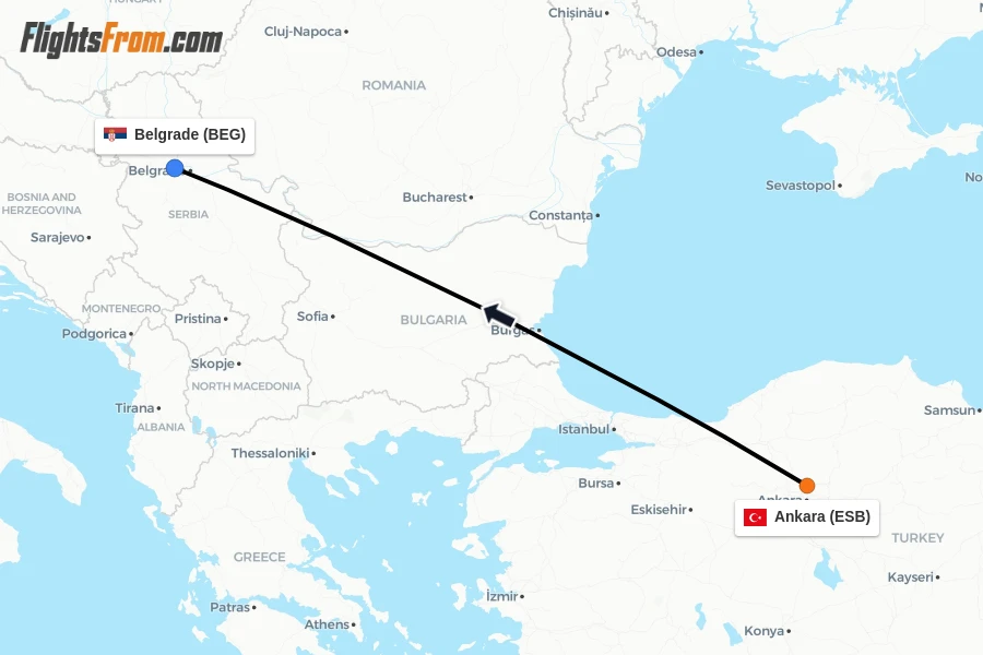 Flights from Ankara to Belgrade route map