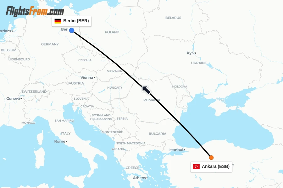 Flights from Ankara to Berlin route map
